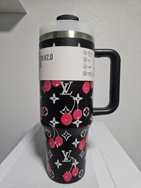 Custom Cherry Monogram Travel Tumbler - Black & Red
